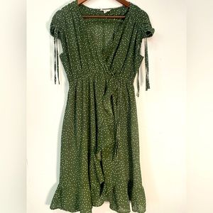 Entro Polka-Dotted Olive Green Wrap Dress Sz M